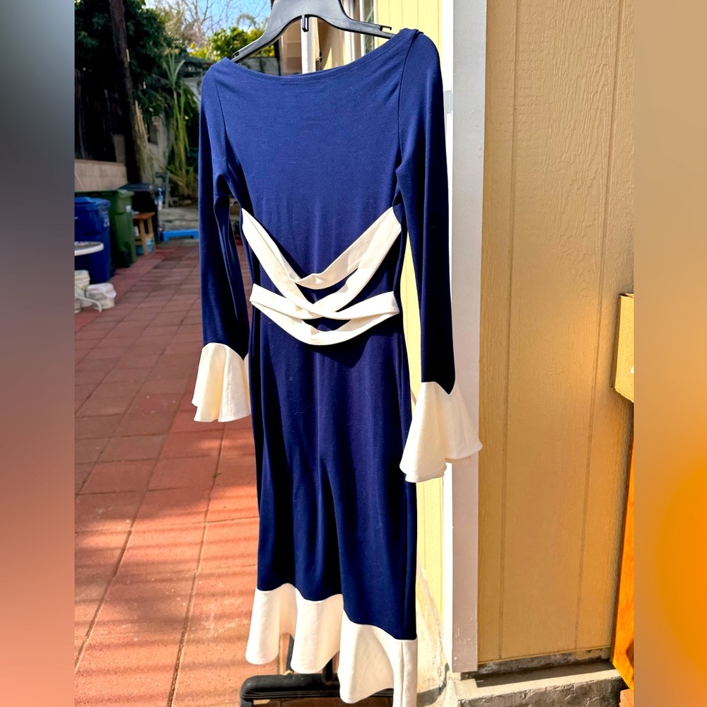 ✨ Navy Blue & White Ruffle Sleeve Dress